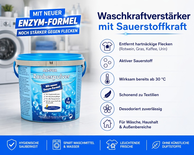 Eimer AC PUR Zauberpulver mit Enzym-Formel als Waschkraftverstärker, entfernt hartnäckige Flecken und sorgt für hygienische, frische Wäsche.