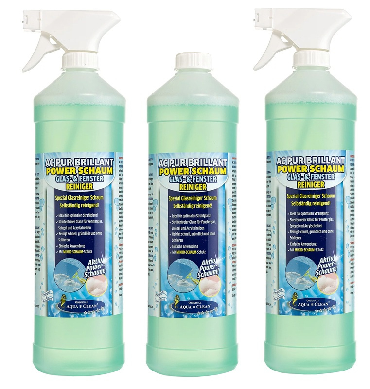 Drei Flaschen AC PUR BRILLANT Power Schaum Glas- und Fensterreiniger je 1 Liter, streifenfreier Spezialreiniger für Fenster, Spiegel und Glasflächen