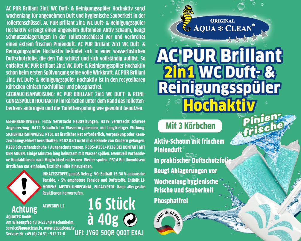 AQUA CLEAN PUR Brillant 2in1 WC Duft- & Reinigungsspüler 16 Stück Pinie AQUA CLEAN PUR Brillant 2in1 WC Duft- & Reinigungsspüler 16 Stück Pinie