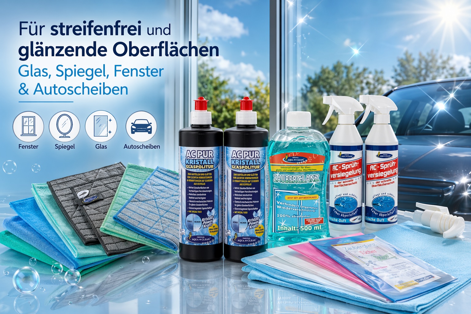 Fensterreinigung mit Glaspolitur, Sprühversiegelung, Mikrofasertüchern und Glasreiniger für streifenfreie Fenster, Spiegel, Glasflächen und Autoscheiben