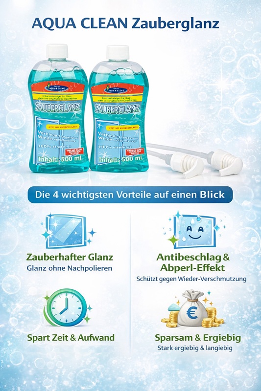 Zwei Flaschen AQUA CLEAN Zauberglanz Fensterreiniger à 500 ml mit Übersicht der Vorteile: streifenfreier Glanz, Antibeschlag- und Abperleffekt, zeitsparend und ergiebig