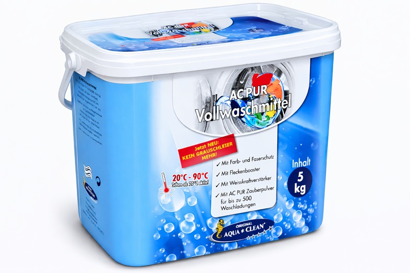 AC PUR Vollwaschmittel 5 kg im blauen Eimer mit Fleckenbooster, Weißkraftverstärker und Anti-Grauschleier. Für Waschtemperaturen von 20 bis 95 °C.