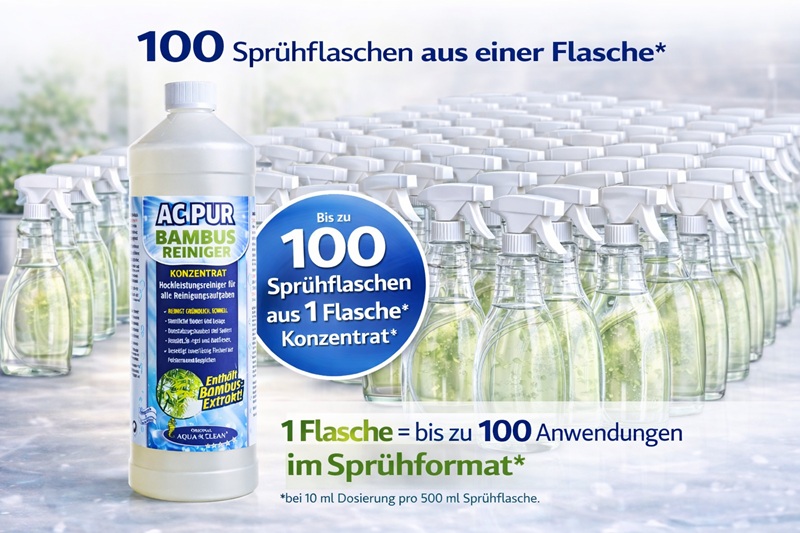 AC PUR Bambus Reiniger Konzentrat mit Hinweis auf bis zu 100 Sprühflaschen bzw. 100 Anwendungen aus einer Flasche im Sprühformat