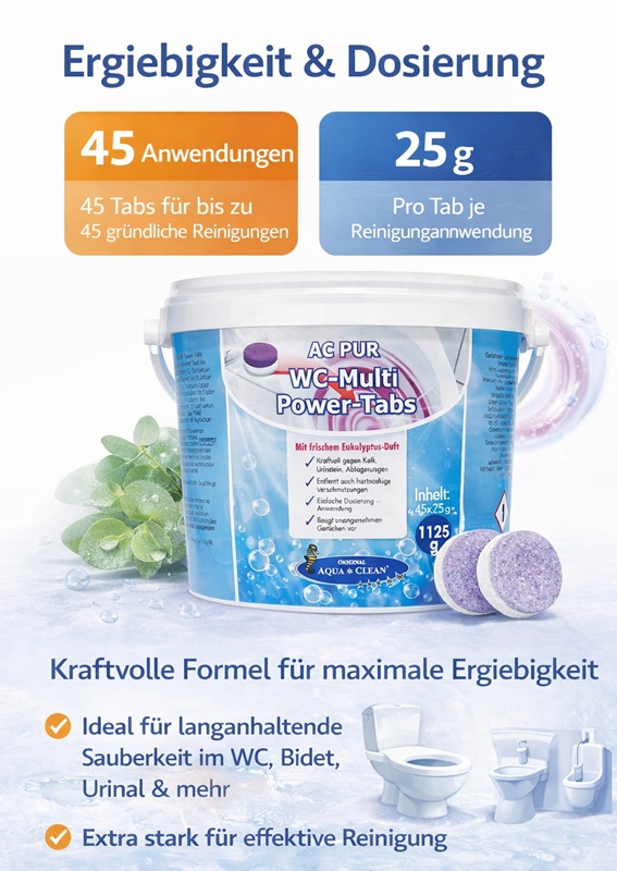 AC PUR WC Multi Power Tabs mit 45 Anwendungen und frischem Eukalyptus-Duft für kraftvolle WC Reinigung und langanhaltende Sauberkeit