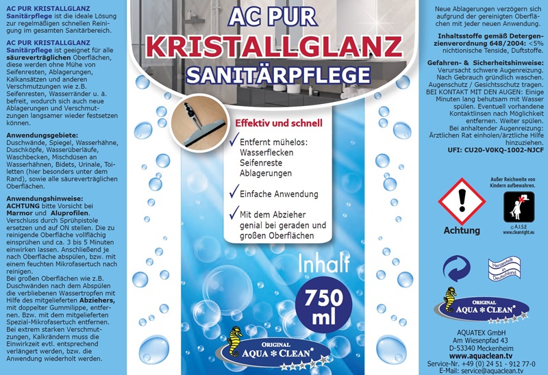 Produktetikett der AC PUR Kristallglanz Sanitärpflege 750 ml mit Anwendungshinweisen, Vorteilen und Gefahrenkennzeichnung.