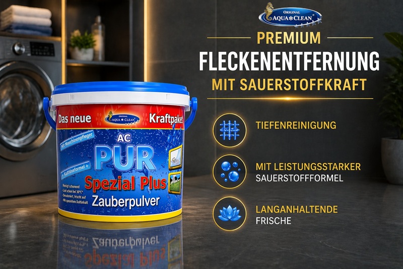 AC PUR Spezial Plus Zauberpulver als Premium Fleckenentferner mit Sauerstoffformel für Tiefenreinigung, langanhaltende Frische und saubere Wäsche.