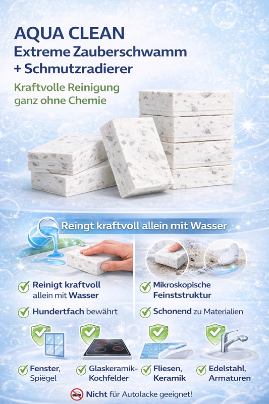 Anwendungsbild des AQUA CLEAN Extreme Zauberschwamms und Schmutzradierers bei der Reinigung von Fenster, Glaskeramik-Kochfeld, Fliesen sowie Edelstahl- und Sanitärflächen – kraftvolle Reinigung ohne Chemie