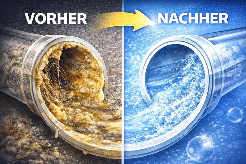 Vorher Nachher Vergleich Rohrreinigung mit AC PUR T3 Rohrreiniger entfernt Verstopfung Fett Ablagerungen und sorgt für freie Rohre
