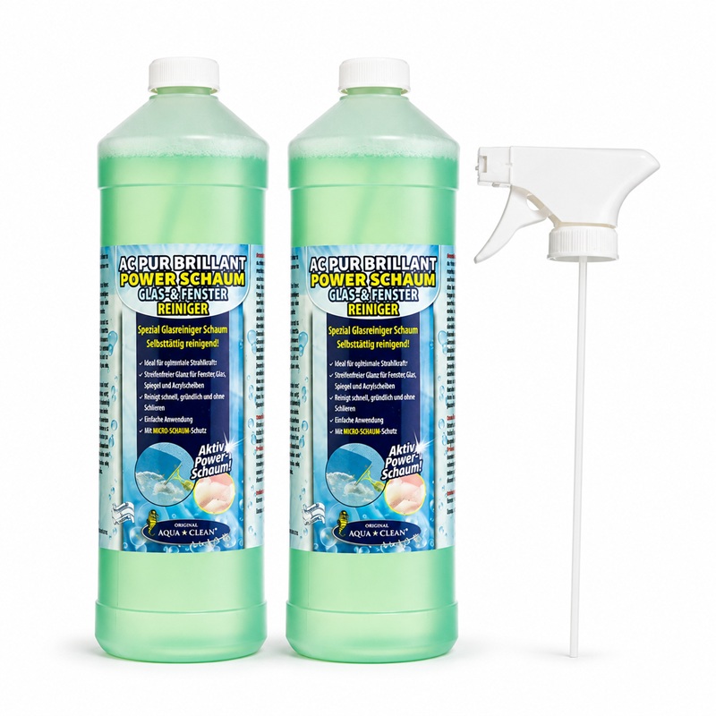 AC PUR BRILLANT POWER SCHAUM Glas- und Fensterreiniger im 2x1L Set mit Sprühkopf für streifenfreien Glanz