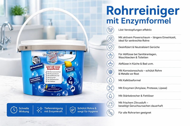 AC PUR T3 Rohrreiniger Eimer 3 kg mit Enzymformel, Powerschaum und Fettlöser zur effektiven Reinigung von Abflüssen und Rohren gegen Verstopfungen und Gerüche.