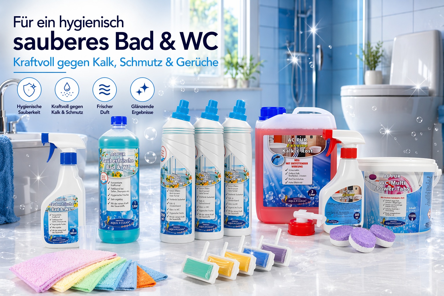 Verschiedene Reiniger für Bad und WC mit Kalkreiniger, WC-Tabs, Badreiniger, Sprühflaschen und Mikrofasertüchern in einem sauberen Badezimmer