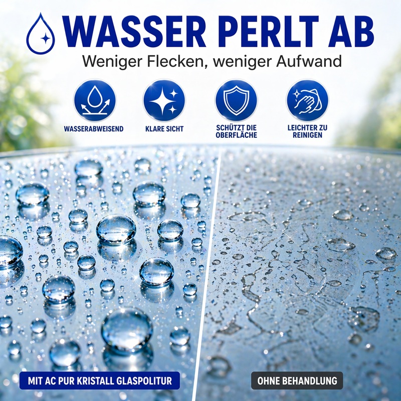 Vorher-Nachher Vergleich einer Glasoberfläche: links perlt Wasser durch Glaspolitur ab, rechts ohne Behandlung bleiben Wasserflecken und Rückstände sichtbar.