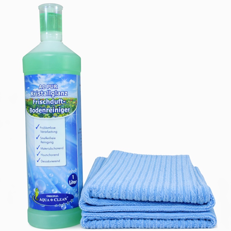 AC PUR Kristallglanz Bodenreiniger 1 Liter mit zwei blauen AQUA CLEAN Mikrofaser-Bodentüchern mit Hochtiefstruktur.