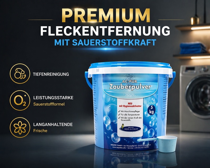 AC PUR Zauberpulver mit Sauerstoffformel für Tiefenreinigung, starke Fleckenentfernung und langanhaltende Frische bei Textilien.