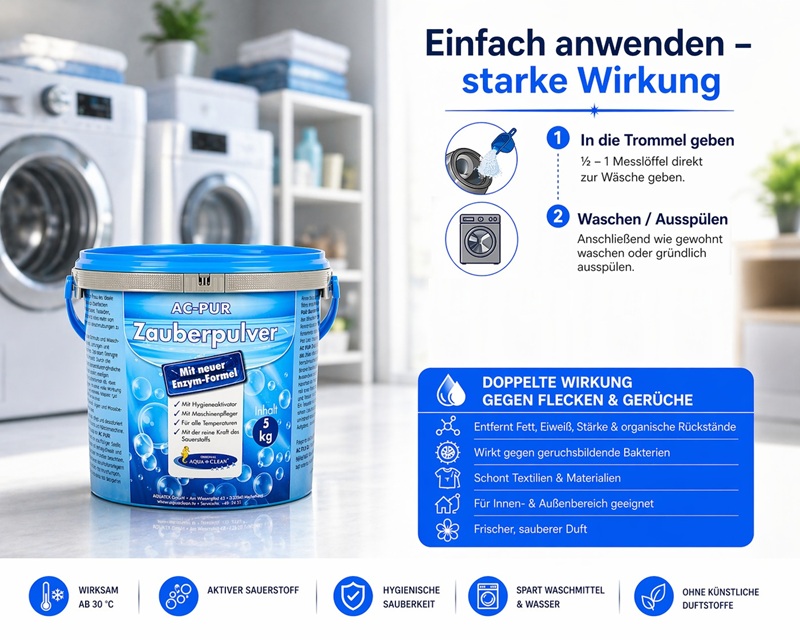 Eimer AC PUR Zauberpulver mit Enzymformel vor Waschmaschinen, entfernt Flecken und Gerüche, geeignet für Waschmaschine und Haushalt.