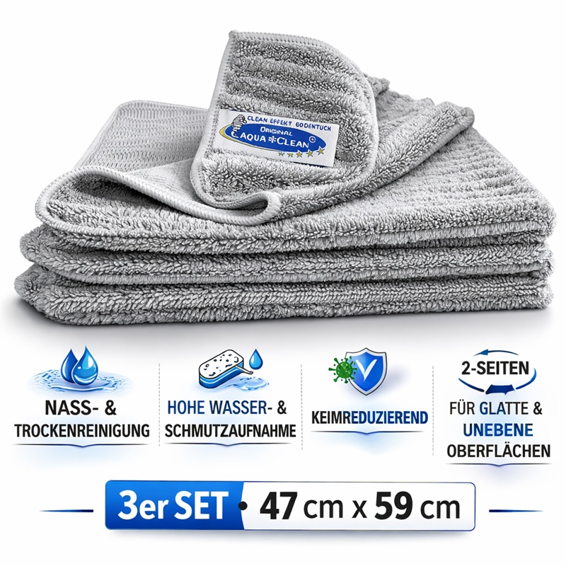 AQUA CLEAN Clean Effekt Bodentücher 3er Set 47x59 cm – Mikrofaser Wischlappen für Nass- und Trockenreinigung mit hoher Schmutzaufnahme