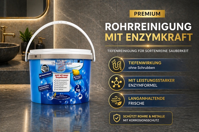 Vorher-Nachher Vergleich eines verstopften Abflusses und eines sauberen Rohrs nach Anwendung des AC PUR T3 Rohrreinigers mit Enzymformel und Powerschaum.