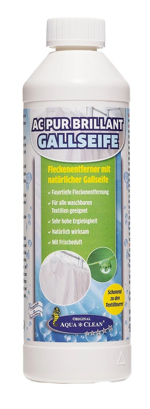 AC PUR Brillant Gallseife 500 ml zur Fleckenentfernung auf waschbaren Textilien in weißer Flasche auf weißem Hintergrund.
