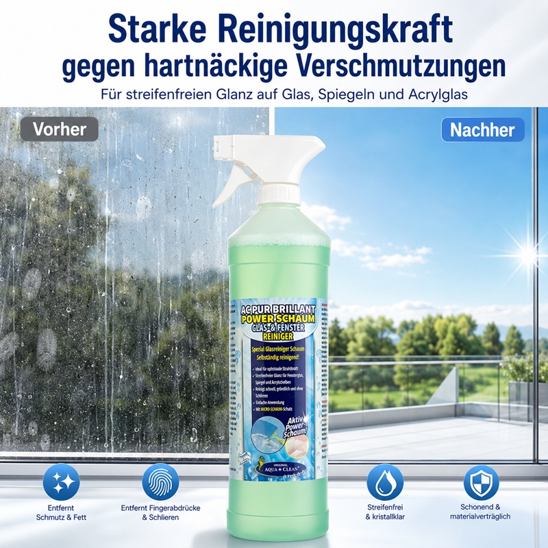 AC PUR BRILLANT POWER SCHAUM Glas- und Fensterreiniger im Vorher Nachher Vergleich für streifenfreien Glanz