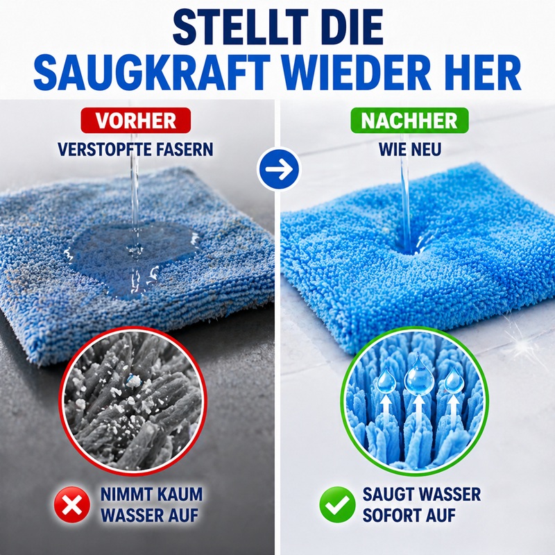 Vorher-Nachher-Vergleich eines Mikrofasertuchs: links verschmutzte, verstopfte Fasern mit geringer Wasseraufnahme, rechts saubere, regenerierte Fasern, die Wasser sofort aufnehmen – nach Anwendung eines Mikrofaser-Waschmittels