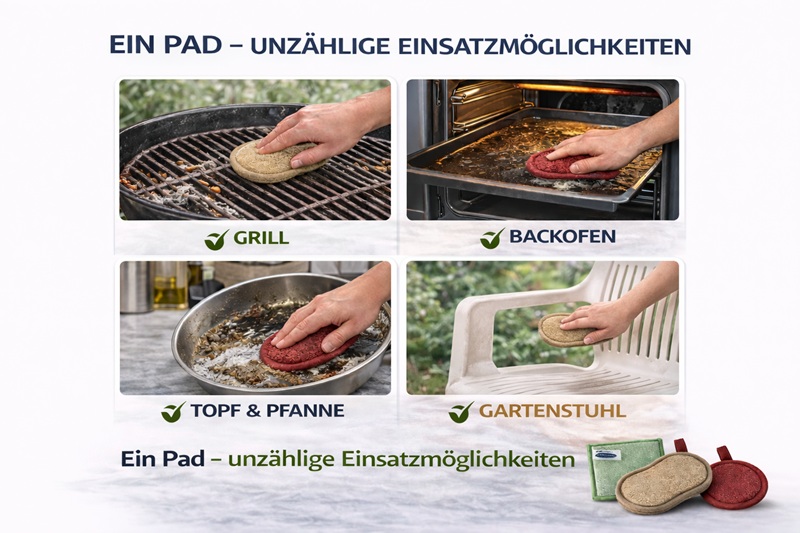 Infografik zu AQUA CLEAN Reinigungspads mit Einsatzbereichen für Grill, Backofen, Topf, Pfanne und Gartenstuhl.