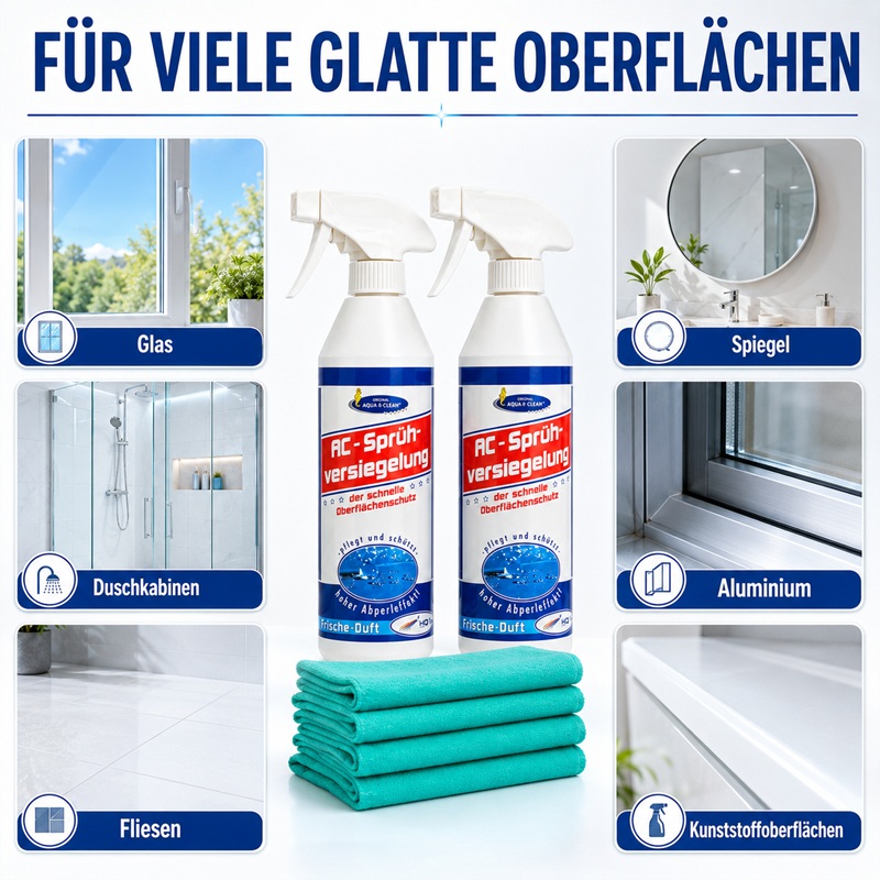In der Mitte stehen zwei Sprühflaschen mit türkisfarbenen Poliertüchern. Rundherum werden geeignete Anwendungsbereiche gezeigt: Glas, Duschkabinen, Fliesen, Spiegel, Aluminium und Kunststoffoberflächen.