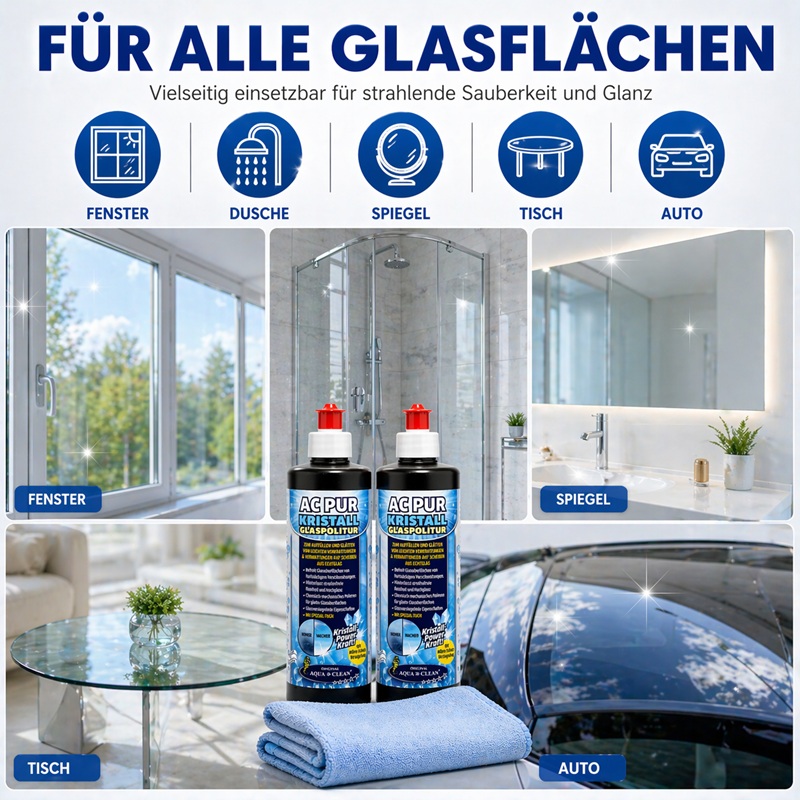 Glaspolitur Anwendung auf verschiedenen Glasflächen: Fenster, Dusche, Spiegel, Glastisch und Auto sorgen für klare, glänzende und streifenfreie Oberflächen.