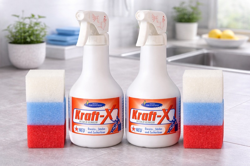 Kraft-X Intensivreiniger 2x 500 ml mit Schwamm in moderner Küche – entfernt Fett, Eiweiß und Schmutz kraftvoll und effektiv