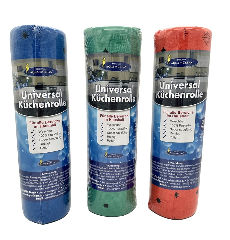 Drei AQUA CLEAN Brillant Mikrofaser-Küchenrollen in Blau, Grün und Rot mit jeweils 20 waschbaren Reinigungstüchern auf weißem Hintergrund.