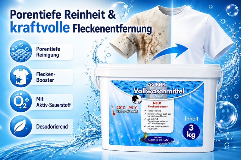 AC PUR Vollwaschmittel 3 kg entfernt hartnäckige Flecken aus Textilien, sorgt für porentiefe Reinigung mit Aktiv-Sauerstoff und wirkt desodorierend