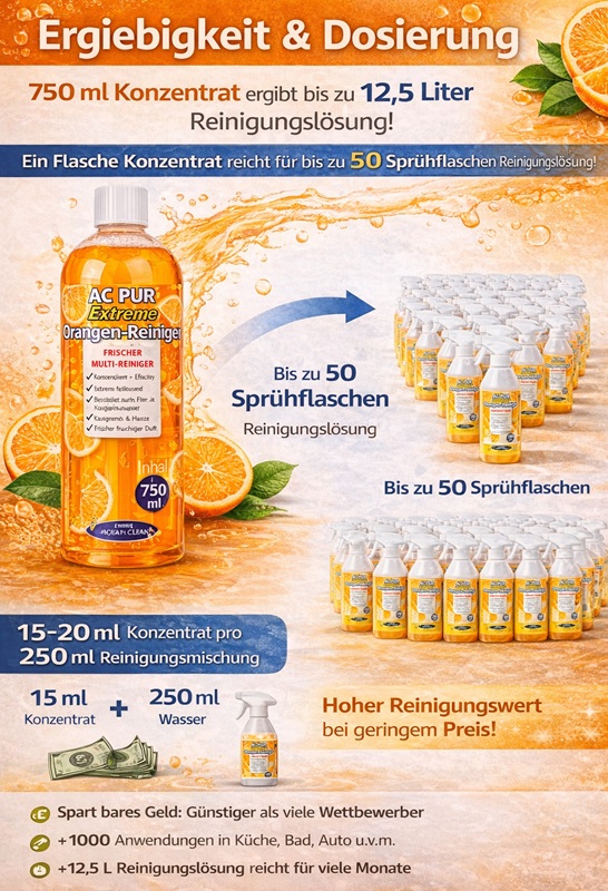 Infografik zum AC PUR Extreme Orangen-Reiniger Konzentrat mit Angaben zur Ergiebigkeit und Dosierung. 750 ml Konzentrat ergeben bis zu 12,5 Liter Reinigungslösung und reichen für bis zu 50 Sprühflaschen. Ideal für Küche, Bad, Auto und Haushalt