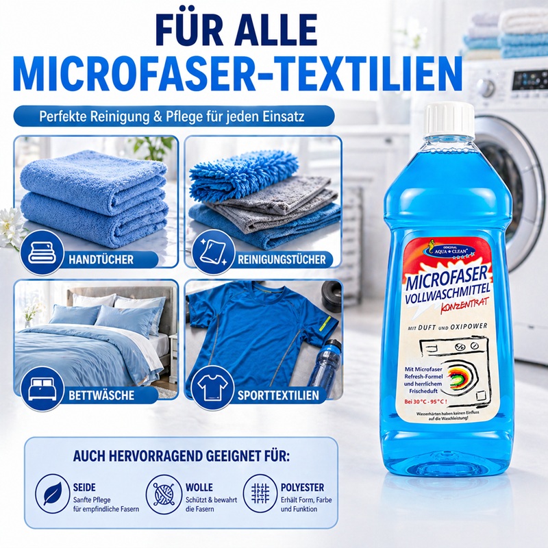 Mikrofaser Waschmittel geeignet für Handtücher, Reinigungstücher, Bettwäsche und Sportkleidung zur schonenden Reinigung und Pflege von Textilien
