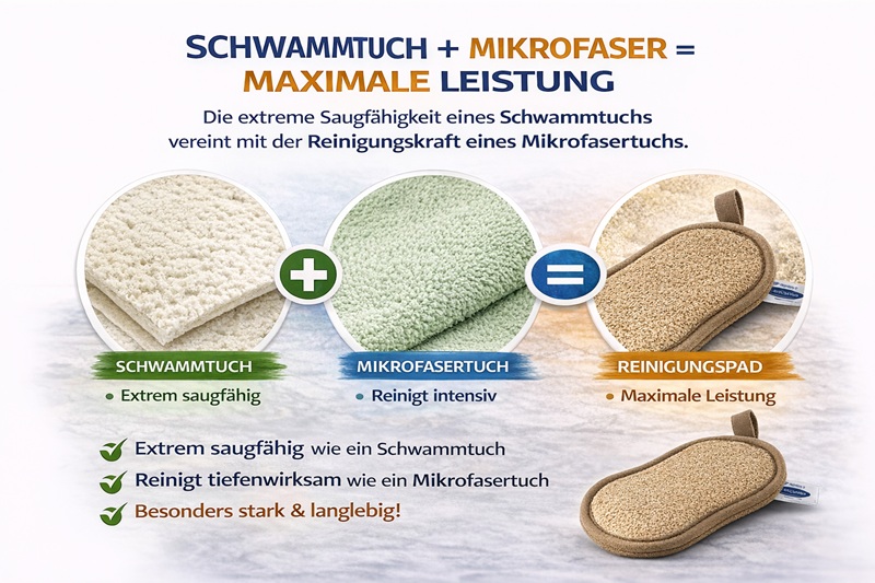 Infografik zu AQUA CLEAN Reinigungspads mit Schwammtuch- und Mikrofaser-Funktion. Das Reinigungspad ist saugfähig, reinigungsstark und langlebig.
