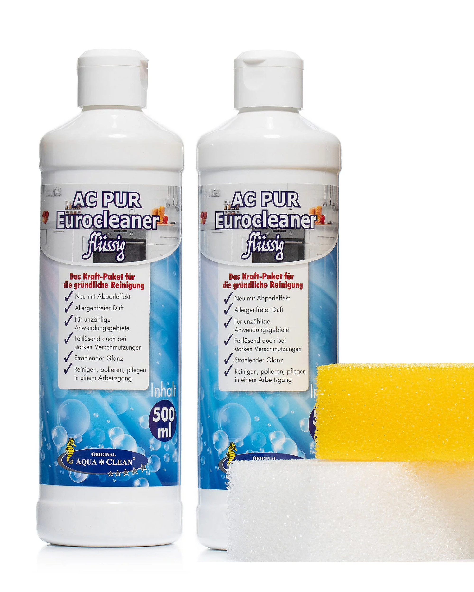 Zwei 500-ml-Flaschen AC PUR Eurocleaner flüssig mit gelbem und weißem Reinigungsschwamm auf weißem Hintergrund.