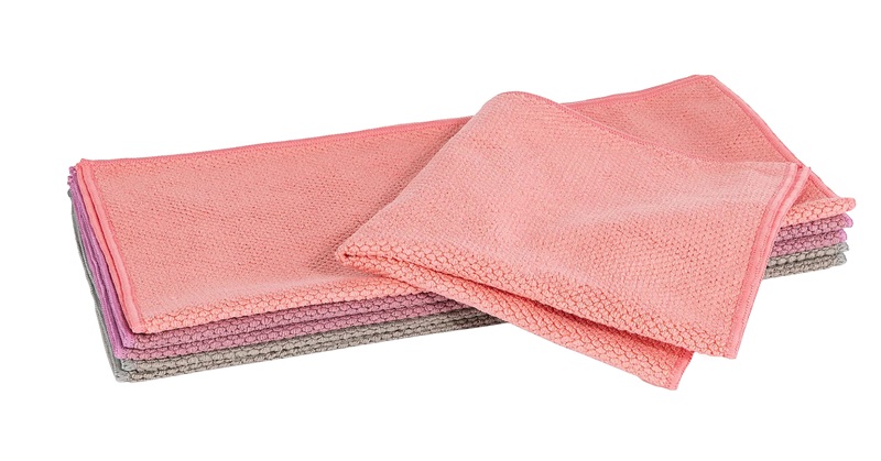 Sechs AQUA CLEAN Kristall Universal-Reinigungstücher in Rosa, Lila und Grau mit strukturierter Mikrofaser und 2-Seiten-Funktion.