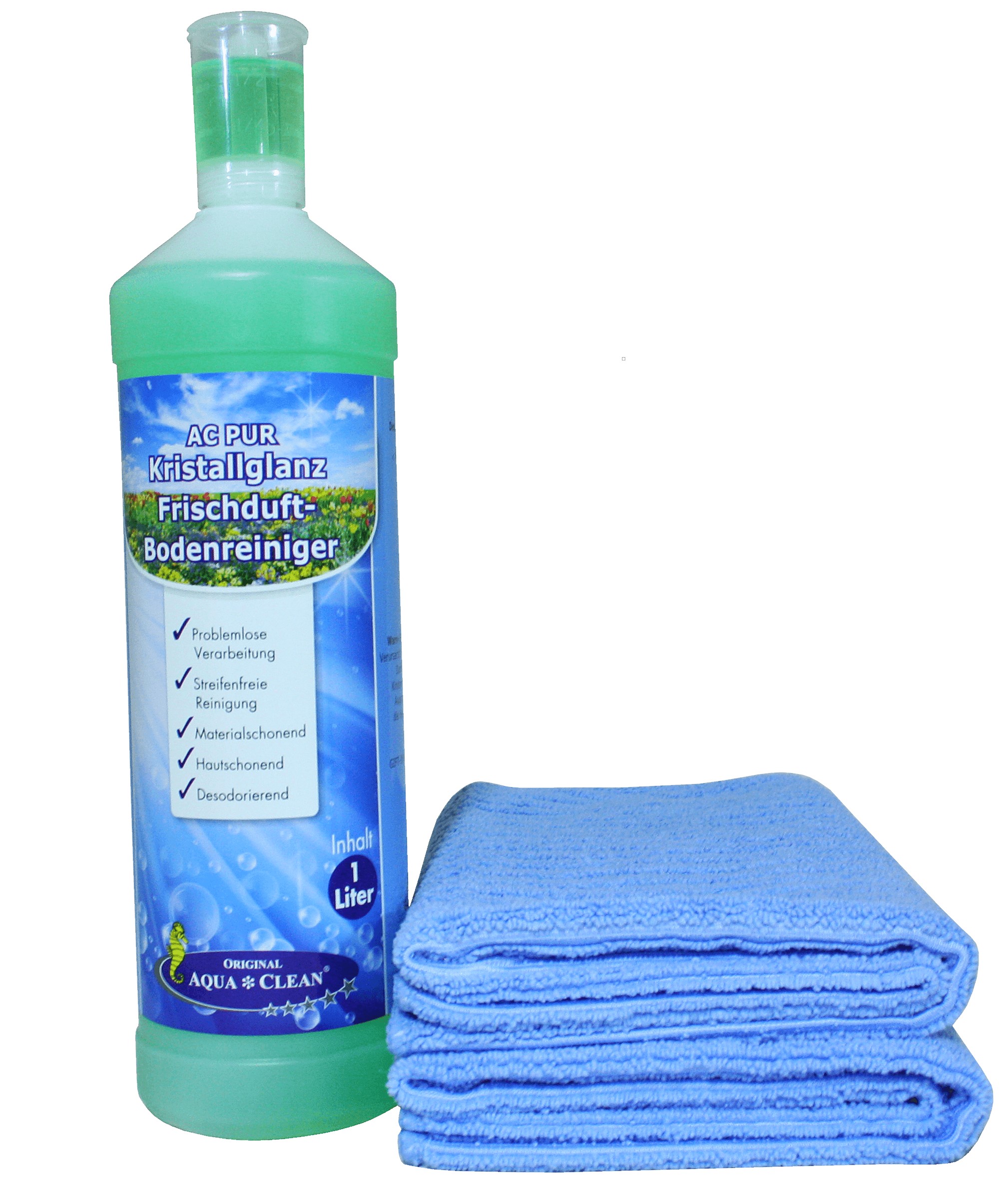 AQUA CLEAN PUR Kristallglanz Bodenreiniger 1l + 2x Bodentücher mit Hochtiefstruktur ca. 50cm x 60cm Grün