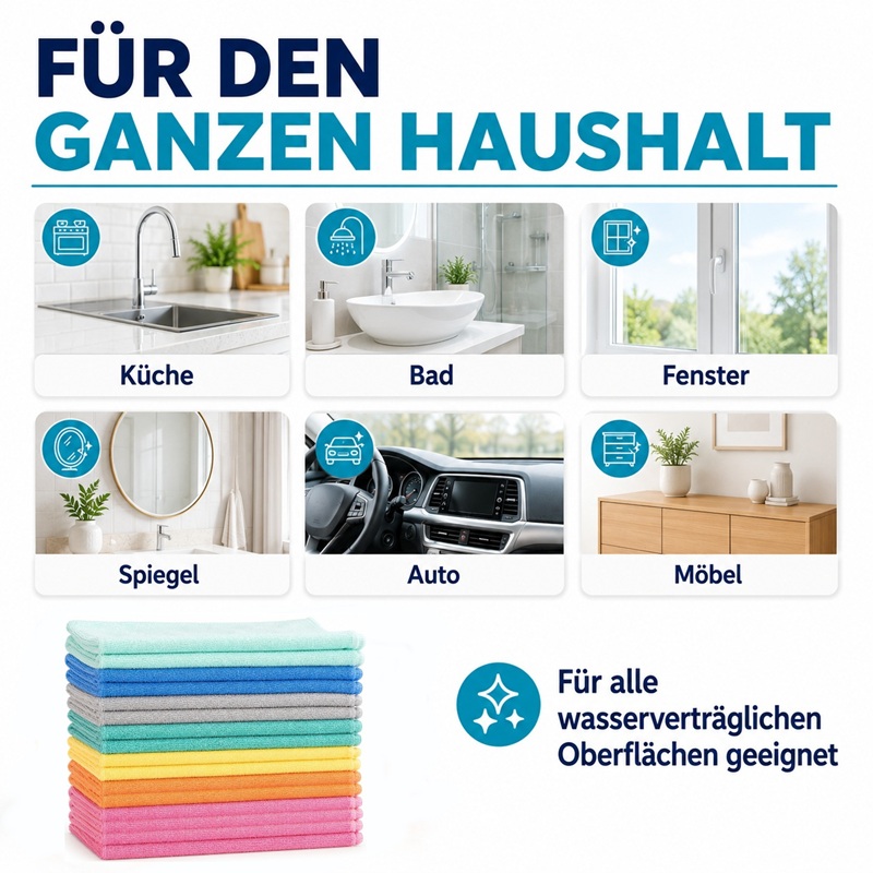 AQUA CLEAN Kristall Ultimo Mikrofaser Reinigungstüchern. Gezeigt werden Einsatzbereiche im Haushalt wie Küche, Bad, Fenster, Spiegel, Auto und Möbel sowie ein Stapel farbiger Reinigungstücher.