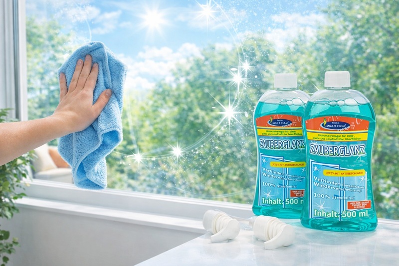 Hand reinigt ein Fenster mit blauem Mikrofasertuch, daneben zwei Flaschen AQUA CLEAN Zauberglanz à 500 ml für streifenfreien Glanz und klare Sicht