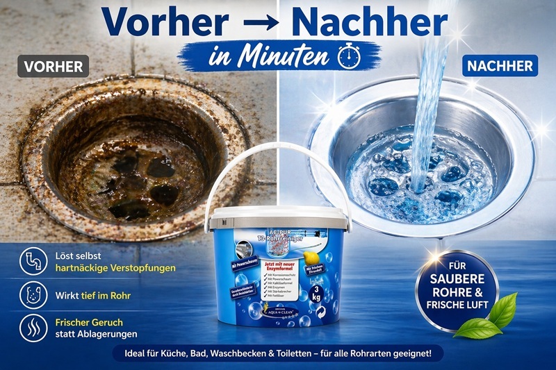 Vorher-Nachher Vergleich eines verstopften Abflusses und eines sauberen Rohrs nach Anwendung des AC PUR T3 Rohrreinigers mit Enzymformel und Powerschaum.
