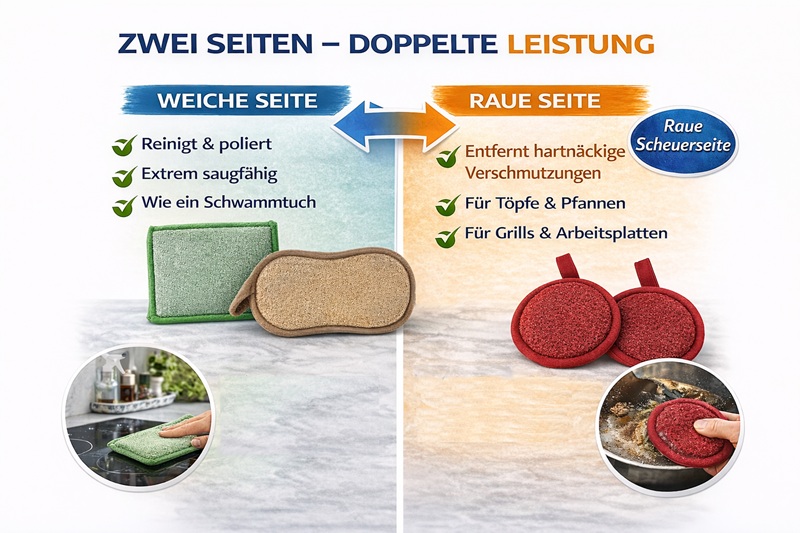 Infografik zu AQUA CLEAN Reinigungspads mit weicher Reinigungs- und Polierseite sowie rauer Scheuerseite für hartnäckige Verschmutzungen an Töpfen, Pfannen, Grills und Arbeitsplatten.