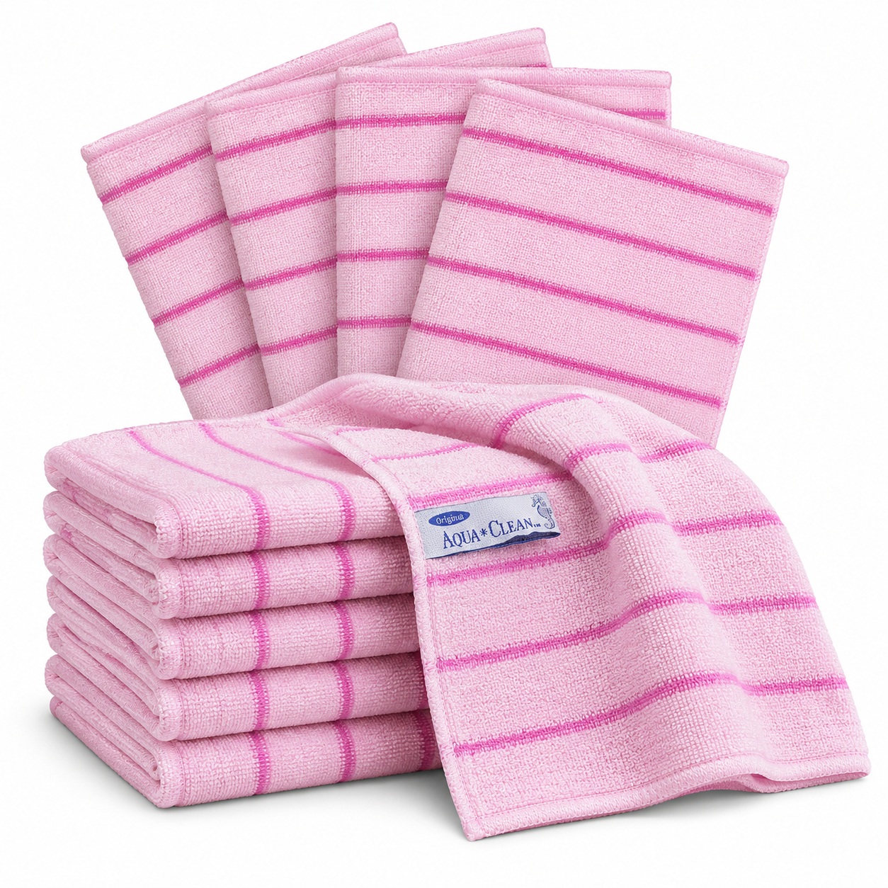 Zehn pinke AQUA CLEAN Reinigungstücher mit Streifenmuster, gefaltet und auf weißem Hintergrund arrangiert.
