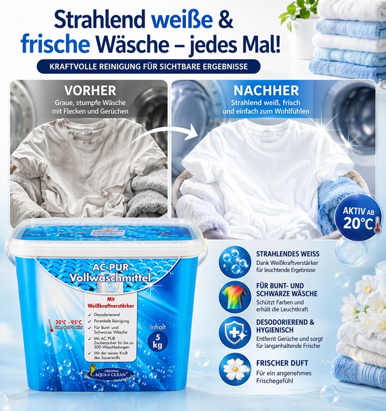 Vorher-Nachher-Darstellung von grauer und verschmutzter Wäsche im Vergleich zu strahlend weißer, frischer Kleidung mit AC PUR Vollwaschmittel 5kg im Vordergrund