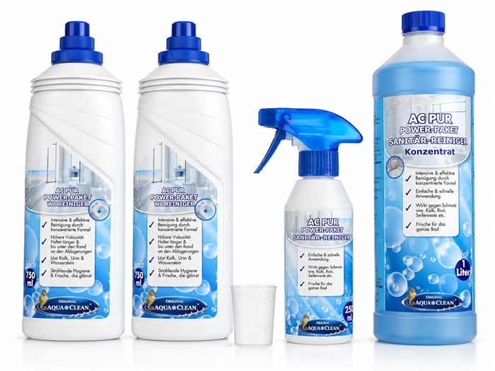 AC PUR Power-Paket Reinigungsset mit zwei WC-Reinigern à 750 ml, 1 Liter Sanitärreiniger-Konzentrat, 250-ml-Sprühflasche und Dosierbecher.