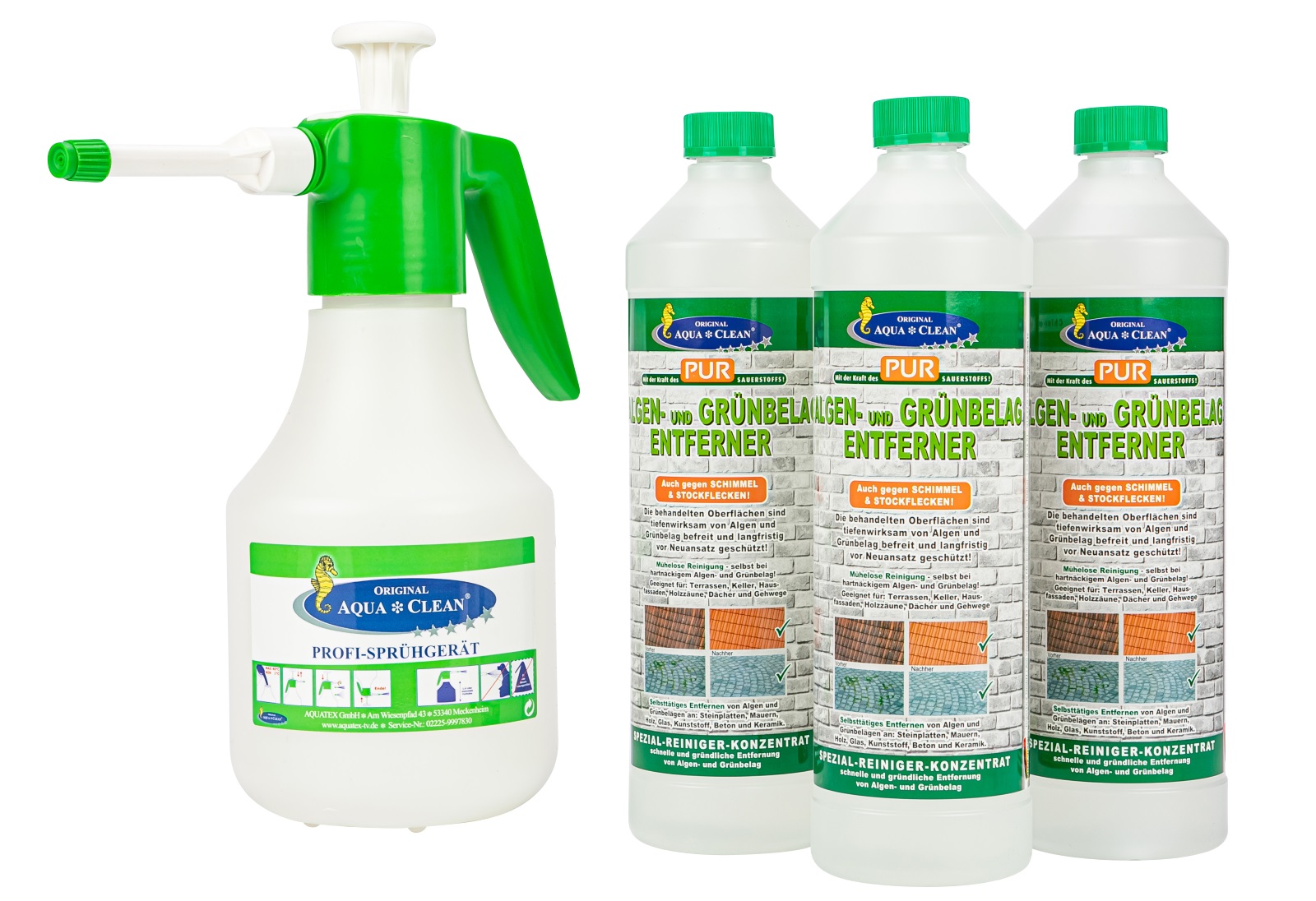 AQUA CLEAN Algen und Grünbelag-Entferner 3x1000ml + Profi-Sprühgerät