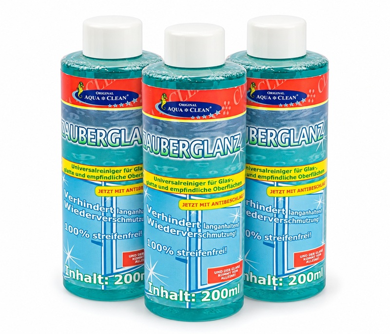 AQUA CLEAN Zauberglanz 3x 200ml – Glasreiniger Konzentrat – streifenfreier Glanz ohne Nachpolieren