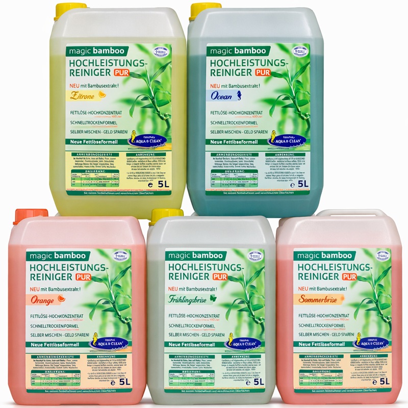 Fünf 5-Liter-Kanister AQUA CLEAN Magic Bamboo Hochleistungsreiniger mit Bambusextrakt in den Duftvarianten Zitrone, Ocean, Orange, Frühlingsbrise und Sommerfrische.