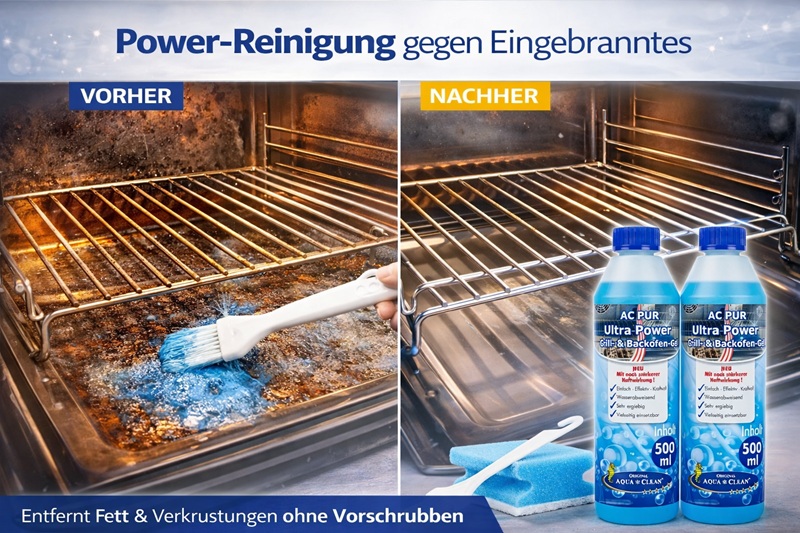 Vorher Nachher Vergleich Backofenreinigung mit AC PUR Ultra Power Grill- und Backofen-Gel entfernt eingebranntes Fett ohne Schrubben