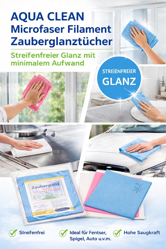 AQUA CLEAN Microfaser Filament Zauberglanztücher bei der Reinigung von Fenstern, Spiegeln, Edelstahlflächen und Autoscheiben. Die Tücher sorgen für streifenfreien Glanz und hohe Saugkraft.