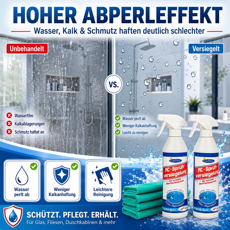 Vergleichsgrafik zur AC Sprühversiegelung mit unbehandelter und versiegelter Duschkabine. Wasser perlt auf der versiegelten Glasfläche sichtbar ab, Kalk und Schmutz haften schlechter.