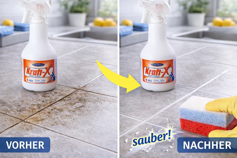 Kraft-X Intensivreiniger Vorher Nachher – entfernt hartnäckigen Schmutz und Flecken von Fliesen und Fugen für ein sauberes Ergebnis